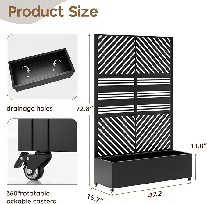 Metal Raised Garden Bed with Trellis & Wheels,70" x 47"x 15.7" Planter Box with Trellis,Privacy Planters for Patio,Garden Bed for Climbing Plants,Suitable for Climbing Plants and Vegetables,Black