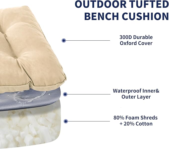 Outdoor Bench Cushion, 59x18x5 Inch, Waterproof Bench Cushion for Outdoor/Indoor Furniture, Tufted Patio Bench Seat Cushion, Fade Resistant Outdoor Cushions for Porch Swing Couch, Beige