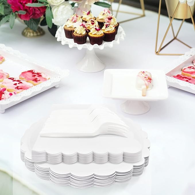 White Paper Plates and Napkins,7 Inch White Scalloped Disposable Dessert Plates Paper Napkin Fork Party Supplies for Wedding Baby Shower Birthday(25 Guest)