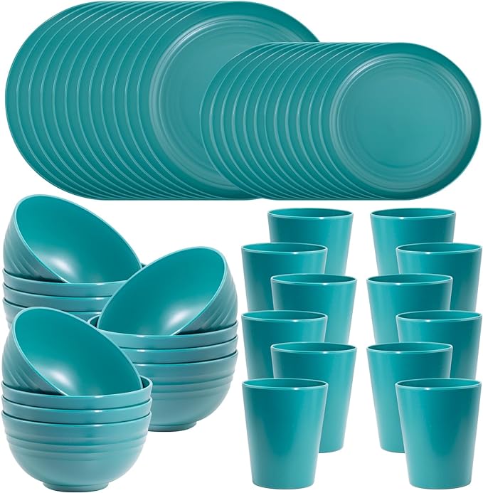 LIYH 48 Pcs Green Wheat Straw Plates and Bowls set - Plastic Dinnerware Set - Dishwasher Safe Camping Plates Dishes Set for 12, Unbreakable Wheat Straw Plate Bowls Reusable 12 Guests