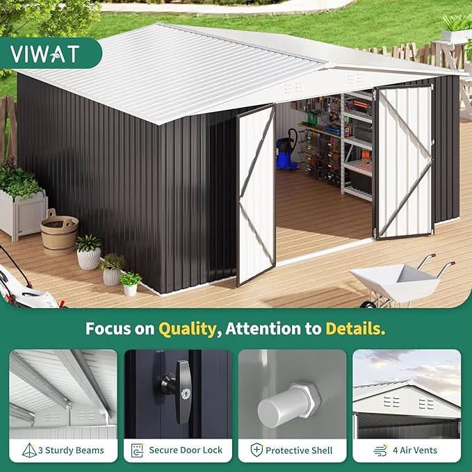 VIWAT 12x14 FT Outdoor Storage Shed, Garden Shed with Updated Frame Structure and Lockable Doors, Metal Tool Sheds for Backyard Garden Patio Lawn, White