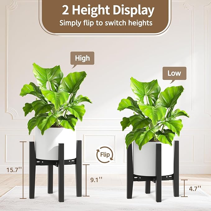 LASZOLA Bamboo Adjustable Plant Stand for Single Large Indoor Planters, Heavy Duty Floor Fern Holder Fits 8 to 12 Inch Pots, Mid Century Elevated Big Stool for Flower– Pot Not Included, Black, 2 Pack