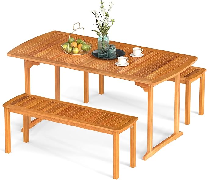 Tangkula 3 Piece Acacia Wood Patio Dining Table Set, 63" Large Patio Table & 2 Backless Benches w/Umbrella Hole, Farmhouse Indoor Outdoor Diner Furniture for Garden Poolside Deck Kitchen