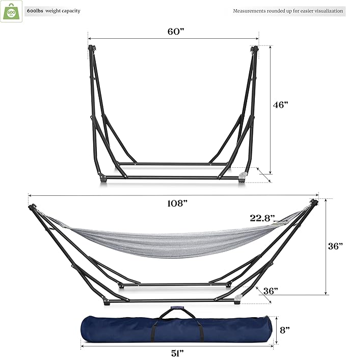 Tranquillo UniGen Hammock, Hammock Stands Heavy Duty Indoor/Outdoor Hammock with Signature Steel Stand, 600lbs Premium Foldable, Durable 2-Layered Soft Polyester, Grey