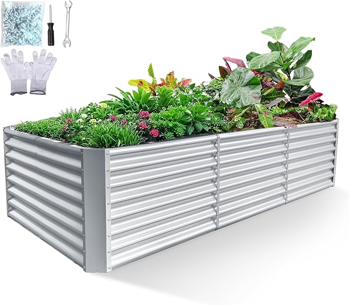 8x4x2ft Galvanized Raised Garden Bed, Planter Raised Garden Boxes Outdoor, Large Metal Raised Beds for Gardening, Garden Bed for Vegetables, Flowers, Herb, Silver