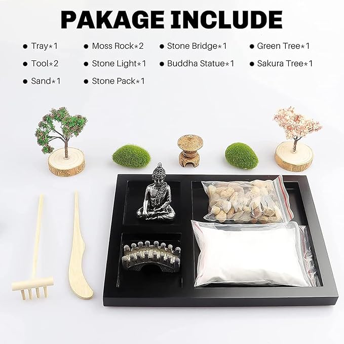 Meditation Japanese Zen Garden, Sand Garden Tools Accessories Box Set, Suitable for Home Office Desk Bonsai Decoration