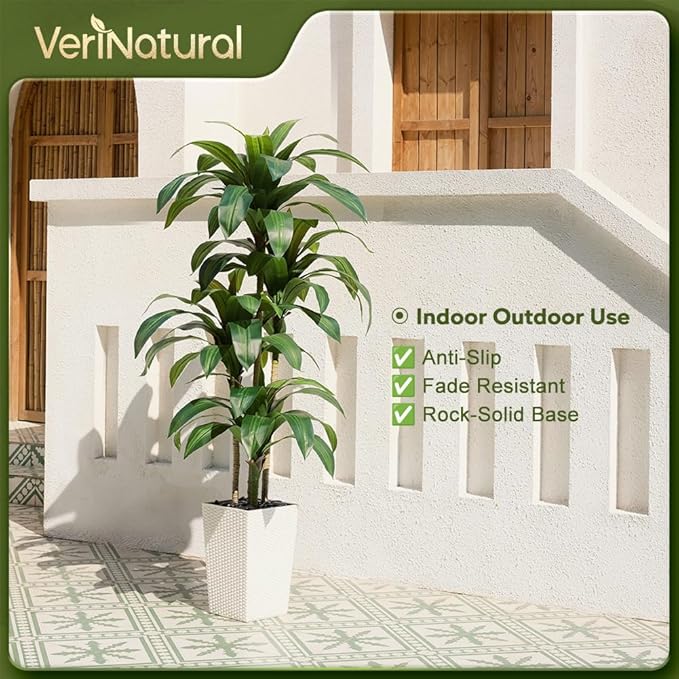 6FT Artificial Dracaena Tree - UV Resistant Faux Tropical Plant, Potted Fake Tree with Taper Planter & Pebbles - Indoor Outdoor Greenery for Home, Porch, Living Room, Bedroom Decor, VN127