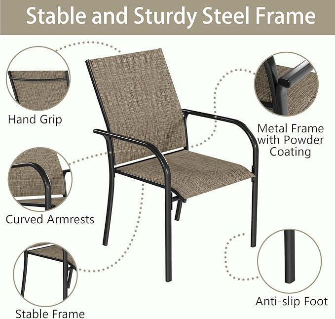 AECOJOY Patio Dining Chairs Set for 4, Stackable Textilene Patio Chairs with Armrests and Metal Frame, Outdoor Furniture Set for All Weather, Backyare, Deck and Garden, Brown