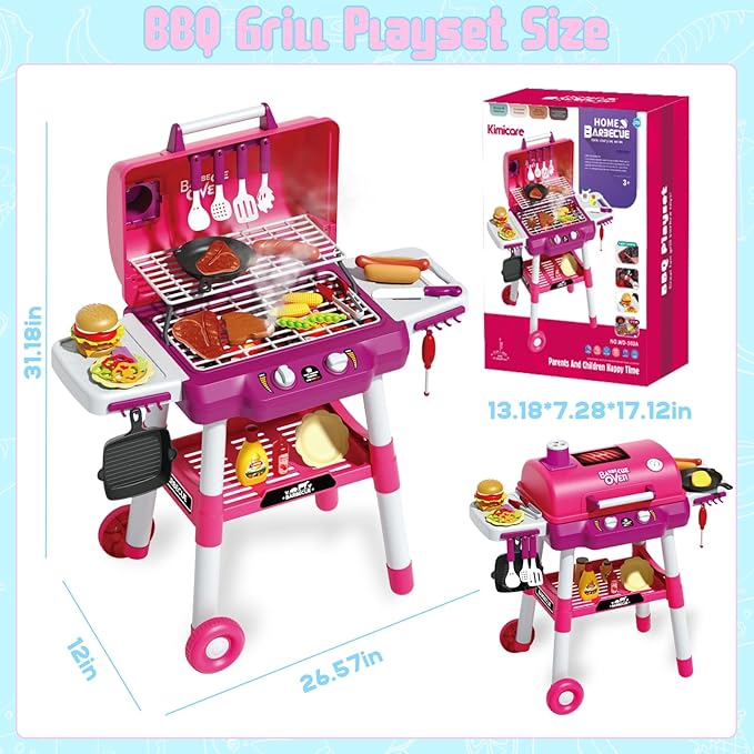 Kid Toy Grill, BBQ Grill Playset with Light Sound, Smoke Effect and 2 Wheels, Pretend Food, Little Chef Play Kitchen Accessories, Birthday for Boys Girls Ages 3 4 5 6 7 8