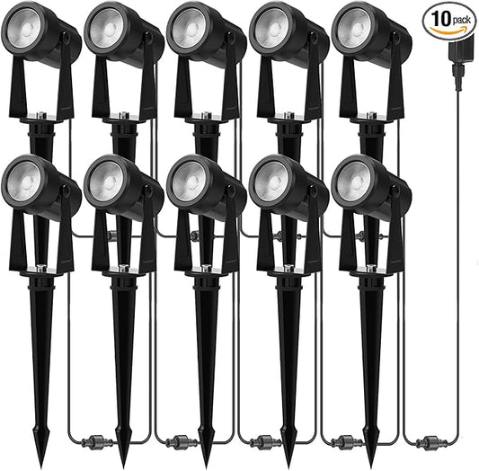 Banord Outdoor Landscape Lighting, 10 Pack Low Voltage LED Spot Lights with Transformer, IP65 Waterproof, 2700K Warm White for Yard, Garden, Lawn, Plants