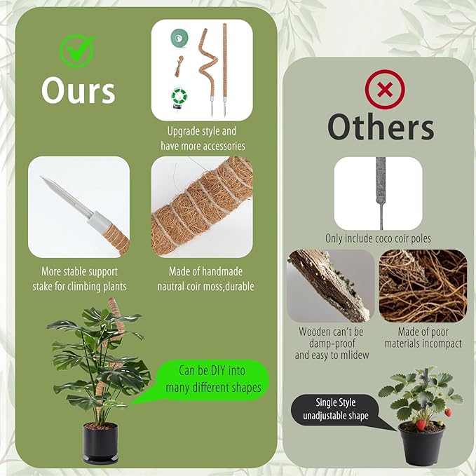 3 Pack Moss Pole, 28" 48" 63" Monstera Plant Support for Climbing Indoor Plants, Bendable Coco Coir Plant Support Stakes for Potted Plants, Pothos, Philodendron