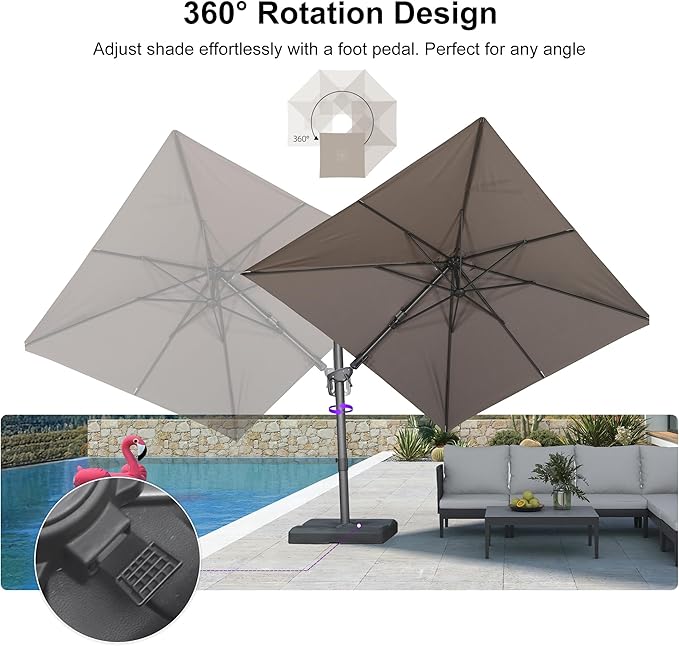 PURPLE LEAF 8' X 10' Swivel Outdoor Patio Aluminum Umbrella with Base Left-right Tilting Cantilever Offset Umbrella with UV Resistant Heavy Duty Fabric for Deck Pool Patio Backyard, Ash Mocha
