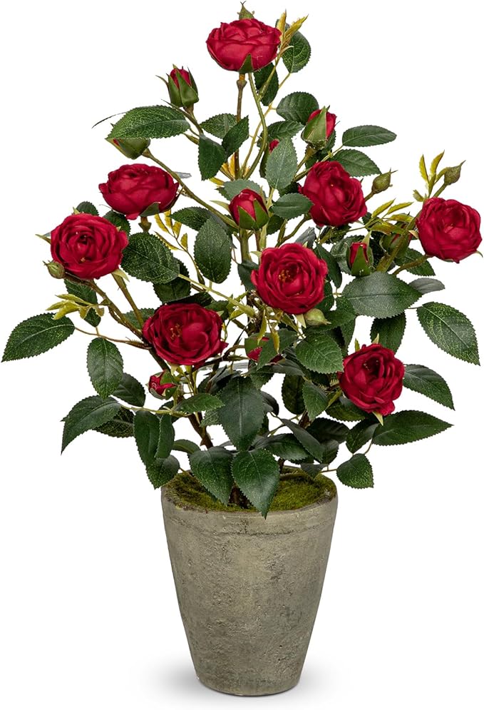 Artificial Flower Plants Camellia Red Roses Faux Potted Plant with Cement Pot Fake Silk Flower Rose Camellias Flower Arrangement Office Home Decor Bathroom Shelf Desk Decoration 15 Inch