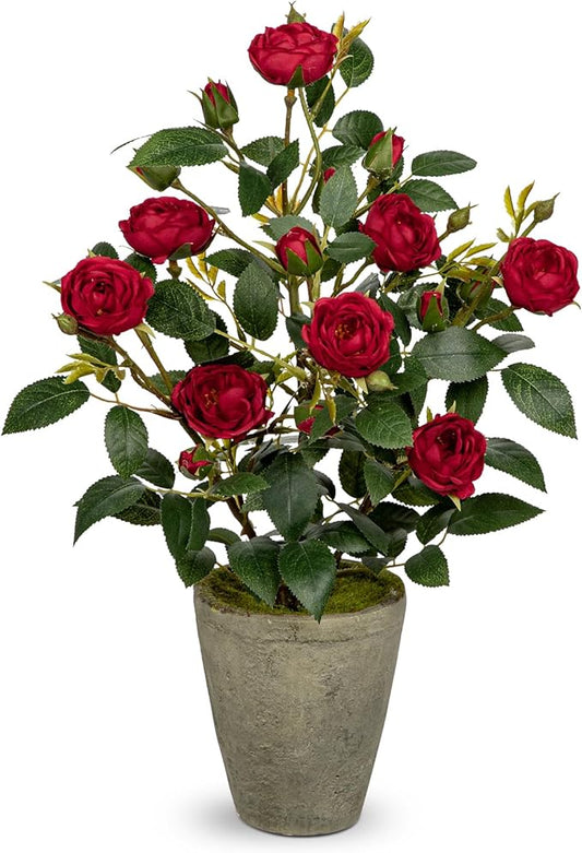 Artificial Flower Plants Camellia Red Roses Faux Potted Plant with Cement Pot Fake Silk Flower Rose Camellias Flower Arrangement Office Home Decor Bathroom Shelf Desk Decoration 15 Inch