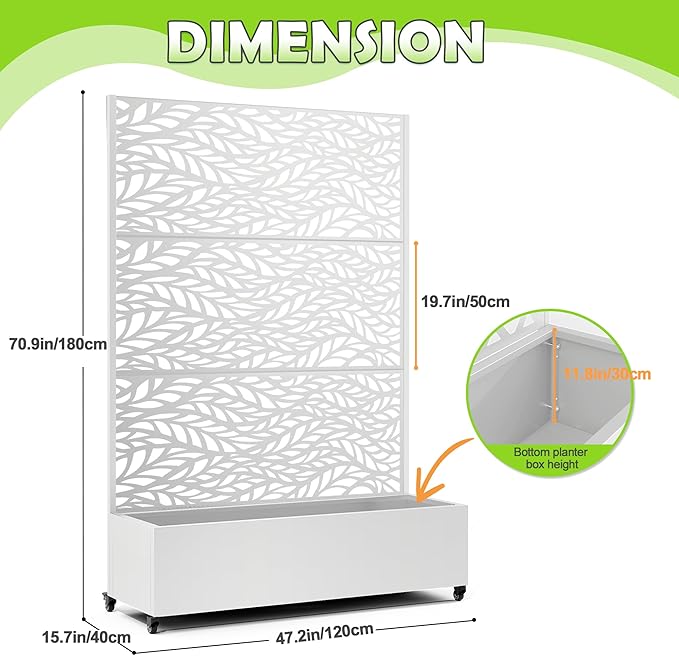 15.7"×70.9"×47.2" Metal Raised Garden Bed with Trellis and Wheels - Tall Trellis Planter Box for Climbing Plants, Vegetables & Vines - Outdoor Privacy Planters for Patio (White-Spring)