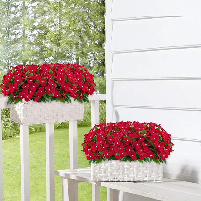 8 Pcs Artificial Impatiens Flowers for Outdoors Faux Impatiens Bouquet Faux Silk Flowers for Outdoor Faux Plants Outside Indoor Pot Patio Garden Hanging Basket Porch Decor (Red)