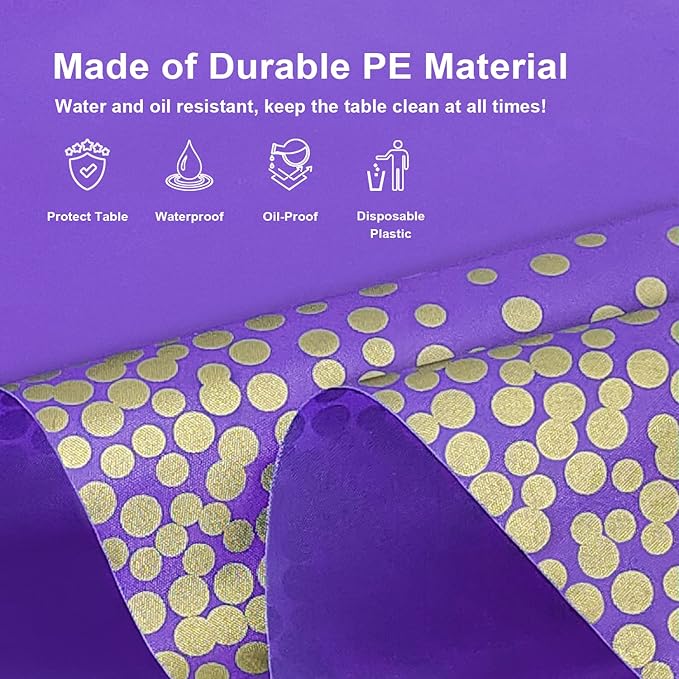 3 Pack Purple and Gold Dot Tablecloth, Purple Plastic Table Cloths for Parties Disposable, 54 x 108 inch Waterproof Rectangular Purple Camping Tablecloth for Birthday Party Graduation Picnic