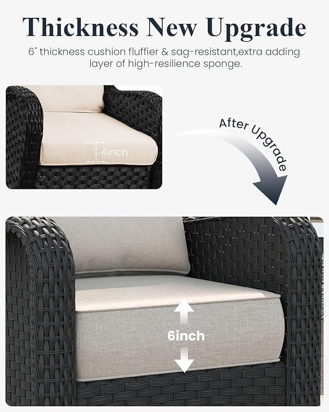 LayinSun 8 Piece Wicker Outdoor Furniture Set with 6-inch Comfy Cushions, High Back Patio Furniture Set with Swivel Rocking Chairs and Fire Pit Table