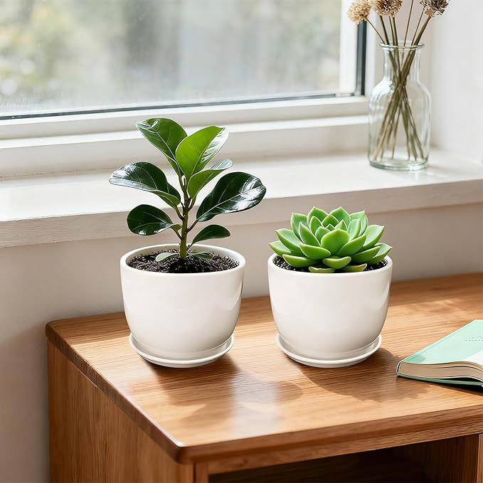 Ceramic Plant Pots,White 5.5 Inch Flower Pots for Plants,Ceramic Planter with Drainage Holes,Indoor Planter Pots with Saucer,Outdoor Garden Pots (White, 4 Pack)