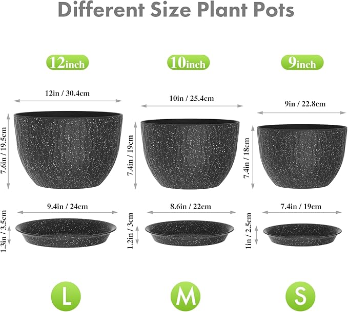 12/10/9 inch Large Flower Pots, 3 Set Big Plant Pots for Outdoor Indoor Plants with Water Ripples, Wide Plastic Planters with Drainage Holes and Saucers for Garden House Plants, Speckled Black