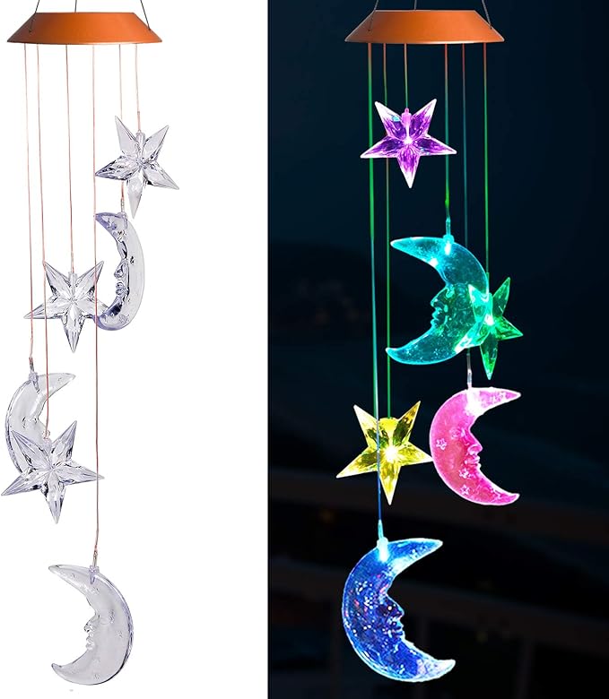 LED Solar Moon and Star Wind Chimes Outdoor - Waterproof Solar Mobile Romantic Changing Color Stars and Moon Wind Chimes Light Decor for Home, Gifts For Mom, Balcony, Festival, Night Garden Decoration