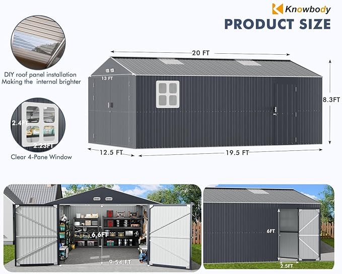 Metal Garage Shed 13x20x8.5' with Floor Frame Kit, Large Outdoor Storage Building Ultra-Reinforced Truss System, with Skylights Dual-Entry Steel Carport Workshop for Car Boat Big Tool Organization