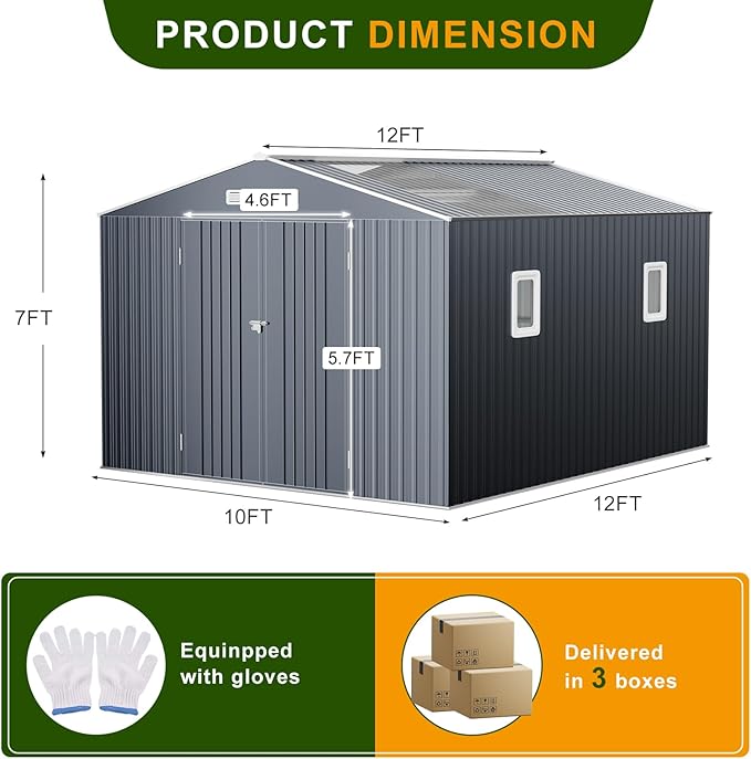 12x10 FT Metal Sheds & Outdoor Storage with Floor: Heavy Duty Garden Sheds with Dual Transparent Roof Panels, DIY-installable Windows & Lockable Doors, Tool Shed w/Base for Backyard, Patio, Grey