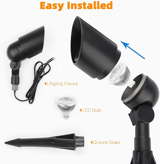 Landscape Lighting 12V 5W LED Landscape Spotlight Cast-Aluminum Waterproof Outdoor Low Voltage 450 Lumen Warm White for Garden, Lawn, Porch, Patio and Yard (6 Pack, Black)