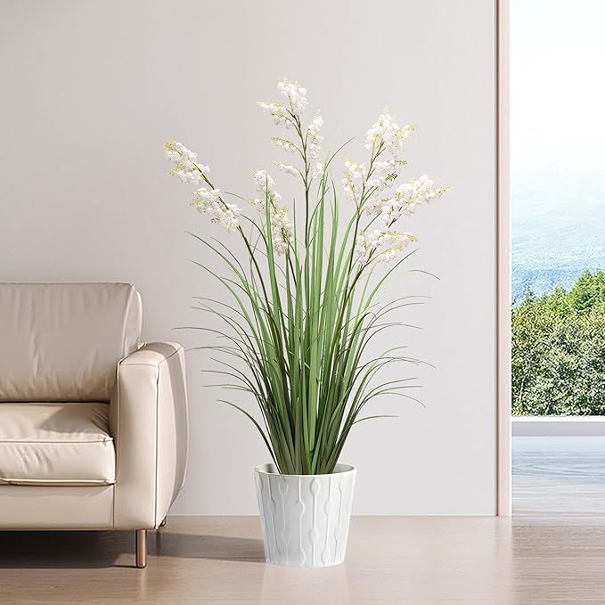 Artificial Tall Grass Plants with Pots 47“ 1 Pack Lily of The Valley Artificial Grass Home Interior Decorating and Outdoor Garden Decorations（White）