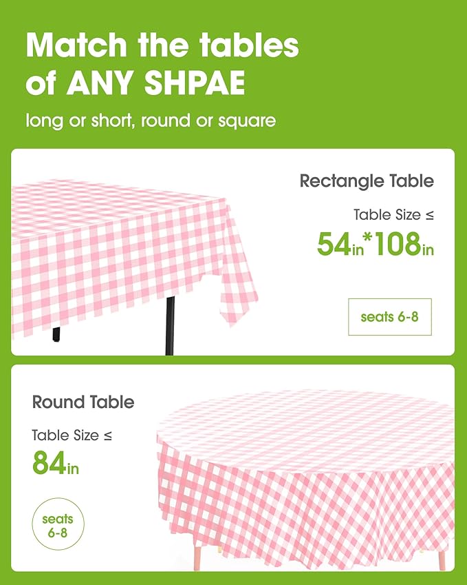 Pureegg Plastic Table Cloth Disposable 8 Pack, 54 x 108 Inch Table Cloths, Party, Picnic, Decorative Gingham Tablecloths, Rectangle, Pink and White Checkered Cover, Leakproof & Sturdy, Pink Plaid