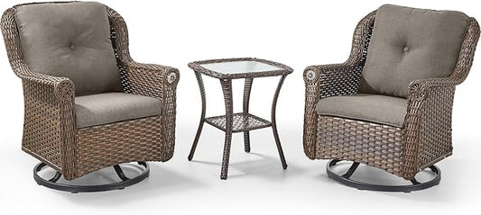 3 Piece Patio Swivel Chairs and Side Table Set - High Back Outdoor Brown Wicker Rattan Rocking Glider with Thick Cushions for Porch Apartment Deck Yard Poolside Garden - Grey