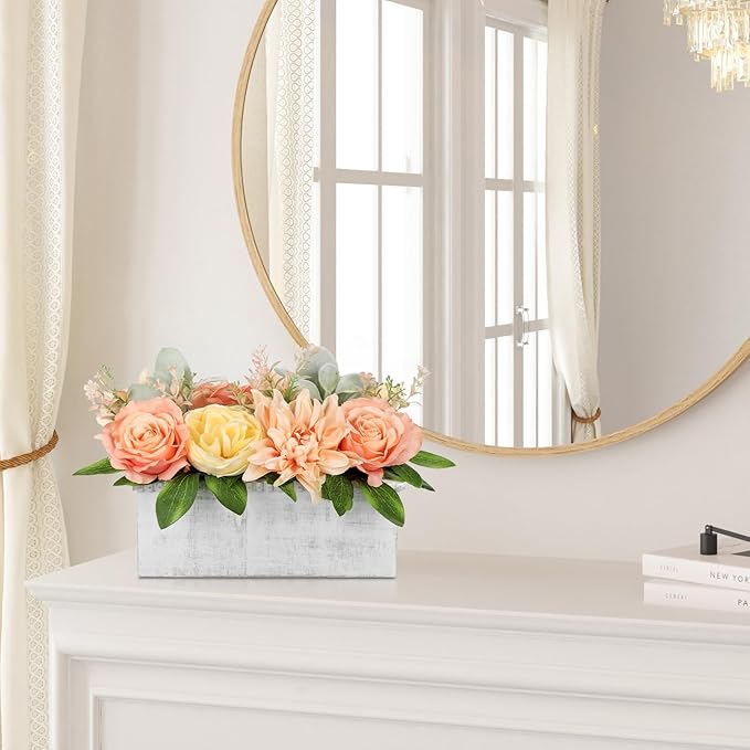 DILATATA Flower Arrangement with Wooden Vase 10" Artificial Flowers in Pot - Fake Flowers in White Rectangular Wooden Vase Potted Faux Flower Centerpieces for Table Decor Living Room - Orange