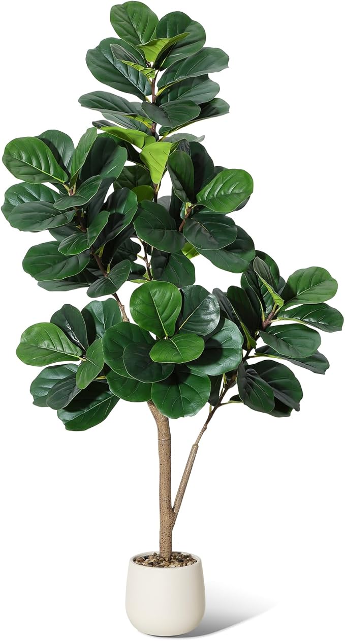 5FT Fiddle Leaf Fig Tree Artificial with 77 Leaves - Realistic Faux Ficus Lyrata Trees in 7.8" White Planter Pot, Indoor Fake Floor Plants for Home Office Living Room Decor, Housewarming Gift