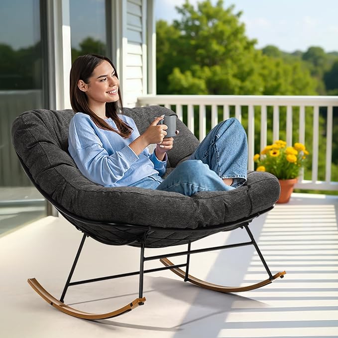 Bme Patio Rocking Chair Outdoor & Indoor, Metal Patio Lounge Rocking Chair with Thick Cushion, Comfy Modern Rocker Chair for Living Room, Porch, Backyard, Grey Cushion - Wood Texture Rocker