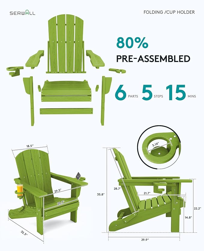 SERWALL Adirondack Chair with Cup Holders - Composite Adirondack Chairs Set of 6 HDPE Outdoor Chairs All Weather Use- Apple