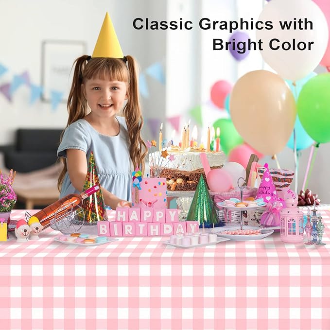 12 Pack Pink and White Checkered Tablecloth, Pink Plastic Table Cloths for Parties Disposable, 54x108 in Waterproof Rectangular Pink Gingham Camping Tablecloth for Birthday, Party, Baby Shower