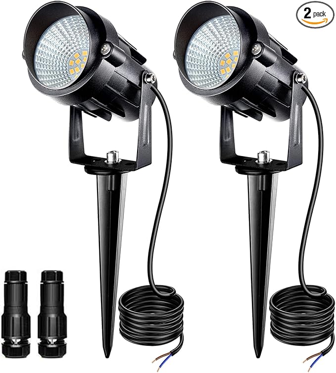 Low Voltage Landscape Lighting with Connectors, 7W LED Landscape Lights AC/DC 12V-24V IP67 Waterproof 3000K Warm White Spotlights for Garden Tree Yard Pathway, 2 Pack