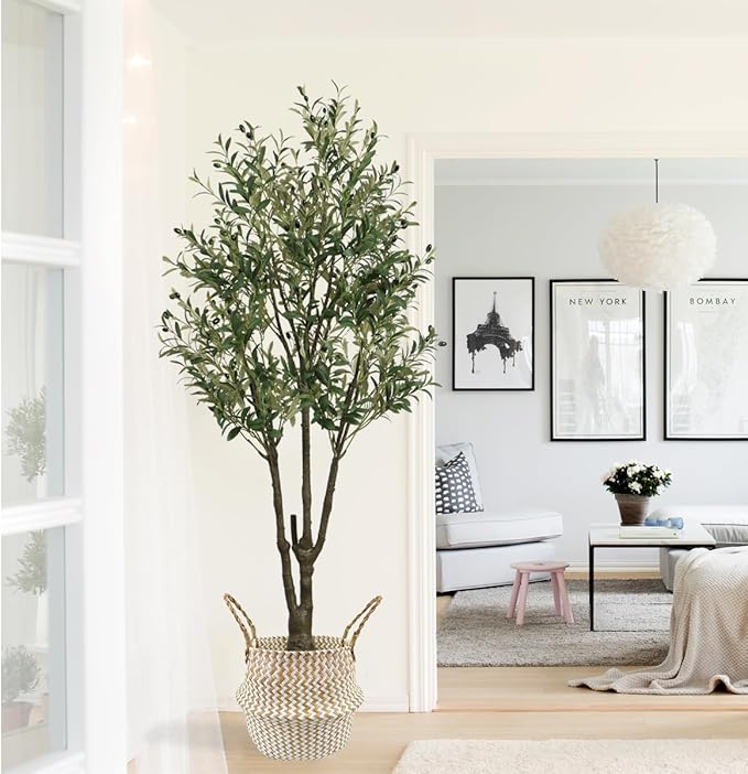 Faux Olive Tree 6ft(72in) Tall Artificial Plant Indoor Decor Large Realistic Potted Fake Modern Greenery with Natural Wood Branches and Green Leaves for Home Living Room,Bedroom,Office Decor.