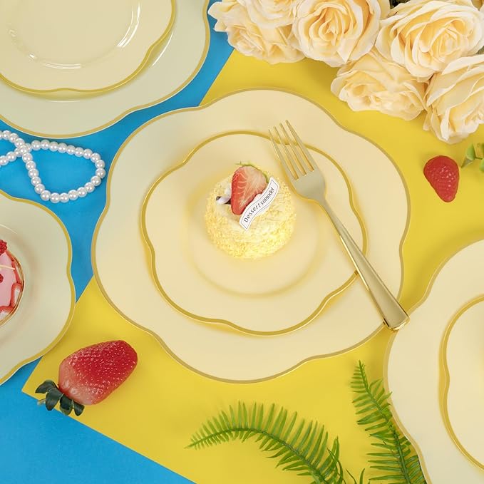 Liacere 50PCS Yellow Plastic Plates - Heavy Duty Disposable -Yellow and Gold Include 25PCS 7inch and 25PCS 10inch Plates for Mother's Day & Baby Shower