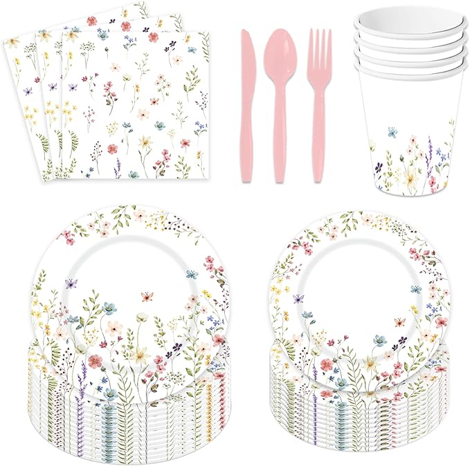 Wildflower Party Supplies Spring Summer Floral Baby Shower Birthday Wedding Bridal Shower Tableware Decorations Paper Plates Cups Napkins Spoons,Knives and Forks Serve 24 Guests