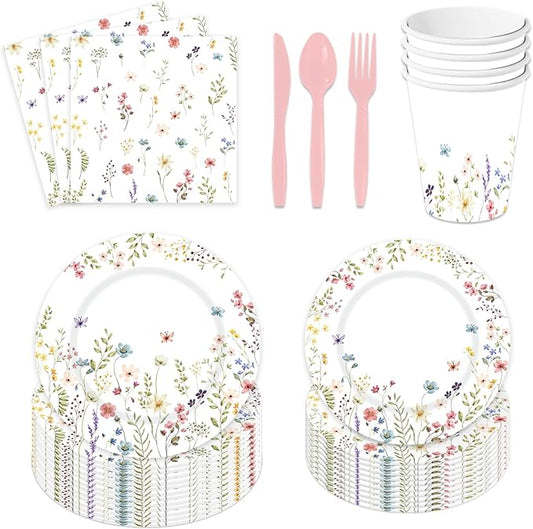 Wildflower Party Supplies Spring Summer Floral Baby Shower Birthday Wedding Bridal Shower Tableware Decorations Paper Plates Cups Napkins Spoons,Knives and Forks Serve 24 Guests