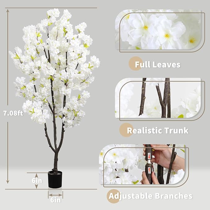 Faux White Cherry Blossom 6ft(72in) Artificial Floor Plant for Indoor Decor Natural Potted Tree with Texture Flowers and Realistic Wood Trunk for Home Living Room,Office Perfect Housewarming Gift