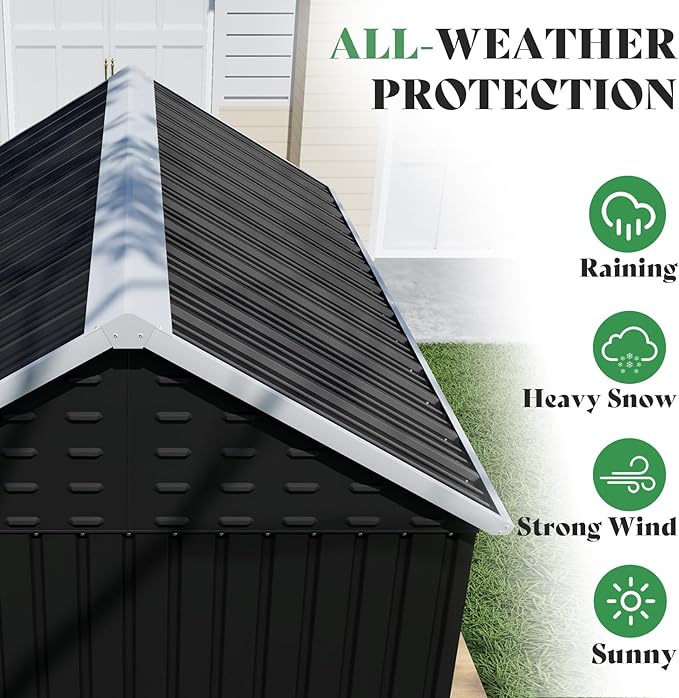 VanAcc 8.6x6x8 FT Outdoor Storage Shed with Lockable Hinged Double Doors and Upgraded Vents, Metal Shed for Backyard, Garden, Patio, Dark Black/White