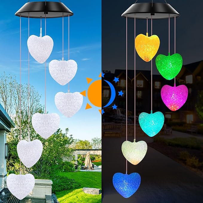 Solar Wind Chimes Outdoor Color Changing Lights, Gift for Women Mom Grandma Sister Best Gifts, Wind Chimes Unique Outdoor Garden Yard Decor (Heart)