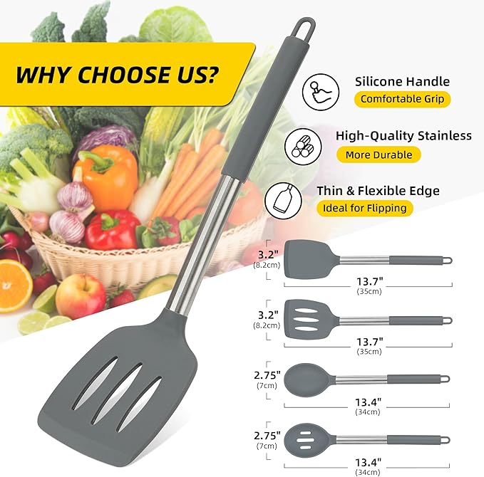 4 Pack Silicone Utensils Set, Non Stick Solid Spatulas, Heat Resistant Blue Slotted Spoons with Stainless Steel Handle, BPA Free Cooking Turner for Stir-Fry, Frying, Mixing, Serving,Draining,Turning