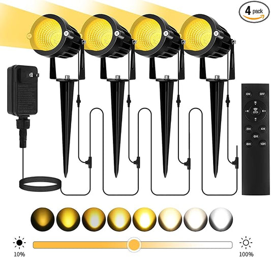 Low Voltage Landscape Lighting Kit: 4-IN-1 LED Landscape Lights with Stepless Color Temperature 2700K-6500K & Stepless Dimming & Timer | 6W Outdoor Spot Lights with Plug-in Transformer for Yard Garden