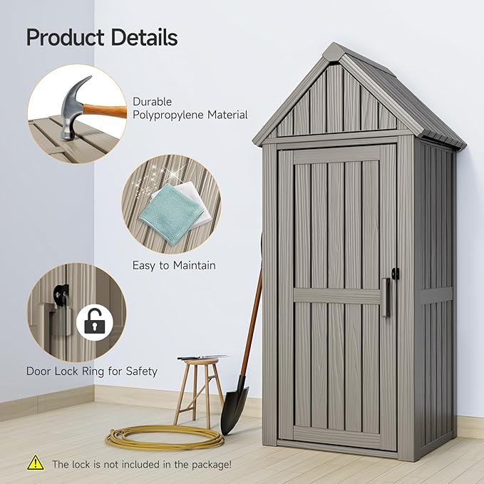 ONBRILL Multifunctional Storage Shed, Outdoor Storage Cabinet with Hooks and Lock Ring, Waterproof Outdoor Storage Shed for All Weather, Tool Outdoor Shed for Patio Lawn and Garden