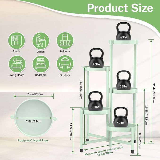 iDavosic.ly Plant Stand Indoor Outdoor, 5 Tier Corner Metal Flower Display Holder Shelf, Folding Tall Orchid Rack for Patio Balcony Porch Garden Living Room House, Light Green