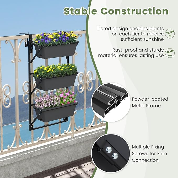 Giantex Vertical Raised Garden Bed, Hanging & Wall-Mounted Planter Garden Boxes, Adjustable Shelf & Detachable Hooks, 3-Tier Railing Raised Beds for Flower Strawberry Vegetable