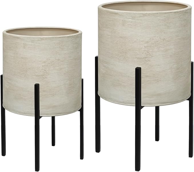 ARNIS Modern Plant Pots, Large Planters with Stand, Set of 2 Decorative Planters, Metal Pots with Drainage Holes for Living Room, Office, Garden or Balcony, 10.5 &12.55 Inch, Dirt